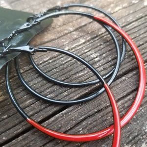 🆕️🔥 Black & Hot Red Gel Dipped Hoop Earring Set